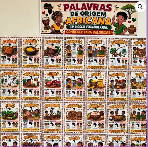 Painel 'Palavras de Origem Africana' com dezenas de cards de vocabulário afro-brasileiro
