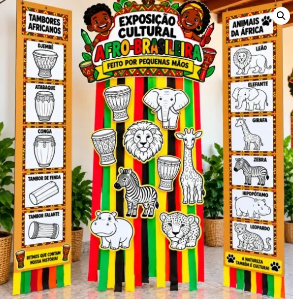 Exposição 'Cultural Afro-Brasileira' com banners de tambores africanos, animais e fitas coloridas