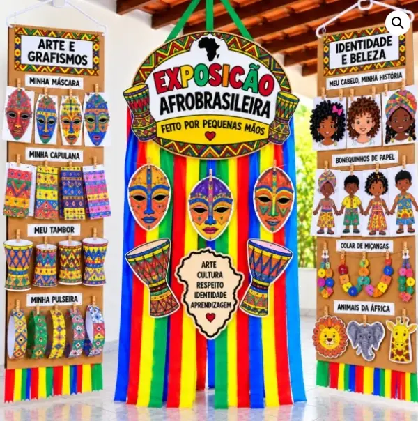 Exposição 'Afrobrasileira' com máscaras, painéis de Arte e Grafismos, Identidade e Beleza