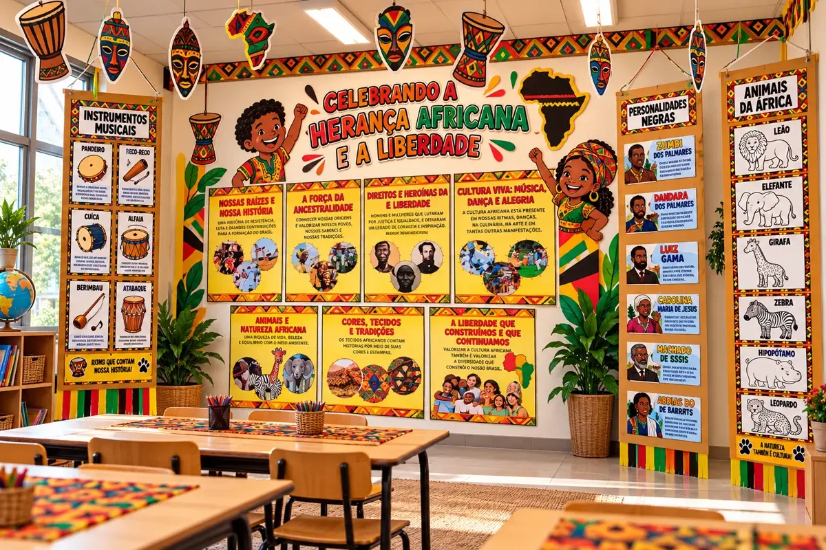 Sala de aula decorada com painéis 'Celebrando a Herança Africana', instrumentos musicais e personalidades negras