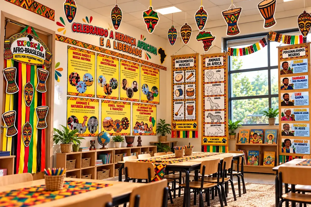 Ambiente escolar com painéis afro-brasileiros, exposição cultural e cortinas coloridas