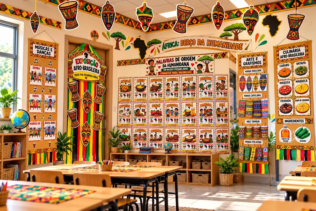 Sala decorada com painel 'África: Berço da Humanidade' e culinária afro-brasileira