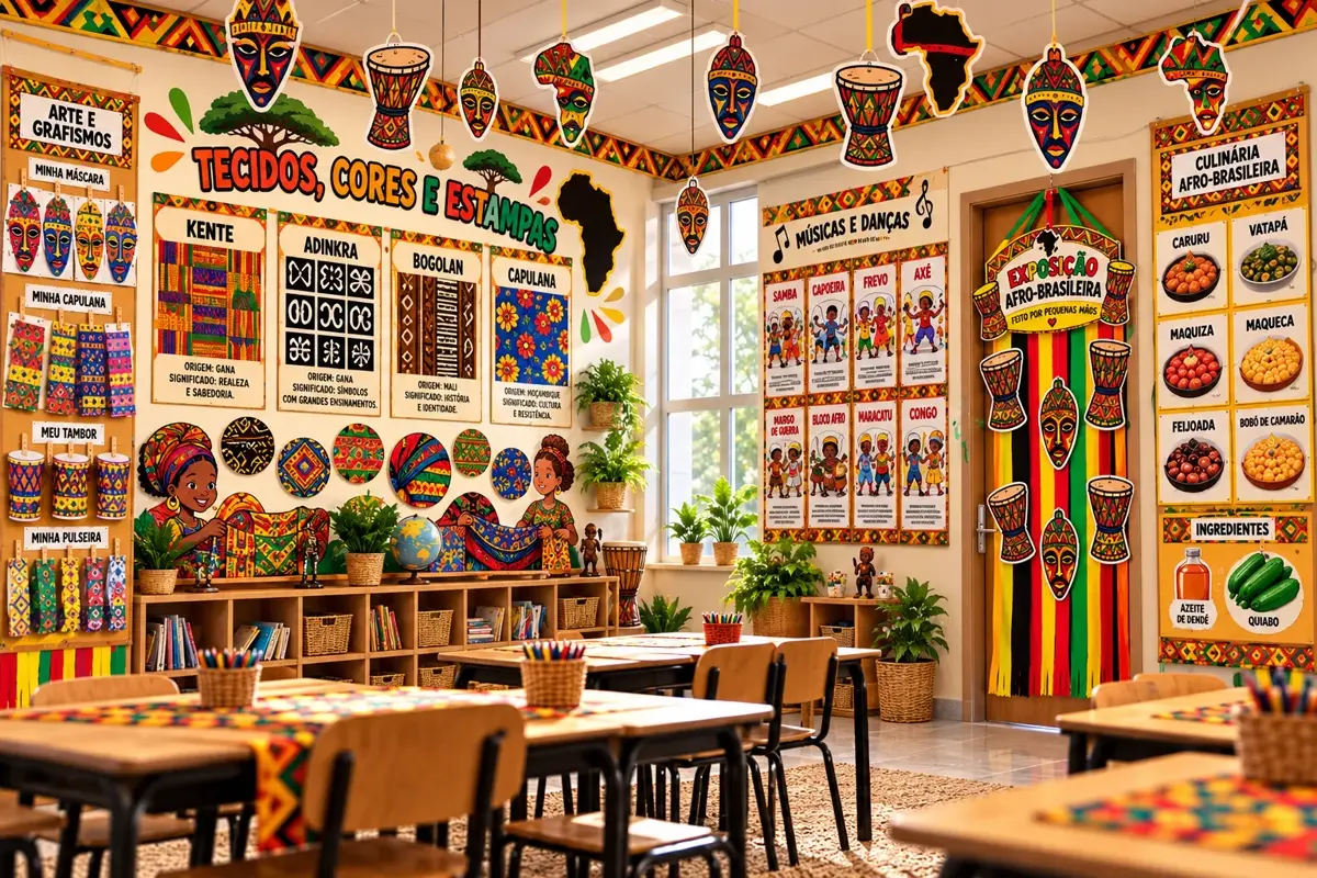 Sala de aula com painéis 'Tecidos, Cores e Estampas' e exposição afro-brasileira